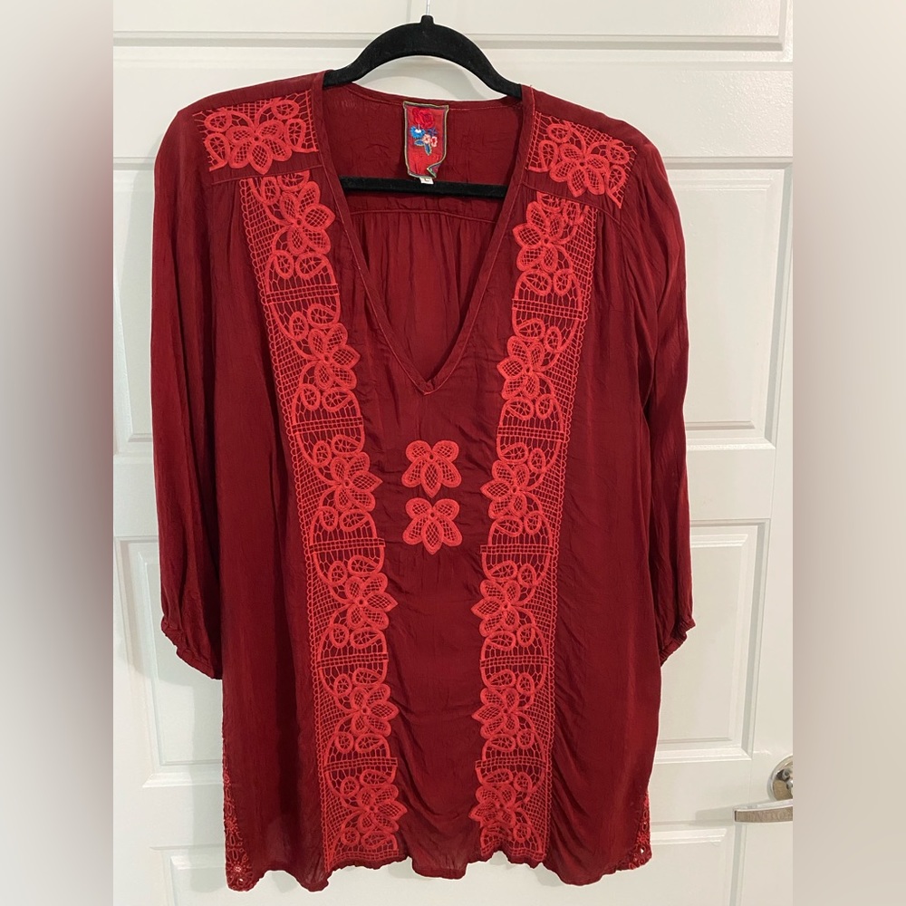 Johnny Was Red Embroidered Blouse